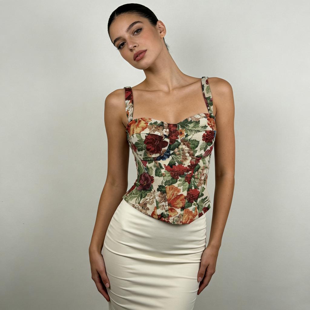 Women's Vintage Floral Boned Corset Top, Push Up Bustier Spaghetti Strap Crop Top For Waist Cinching & Layering