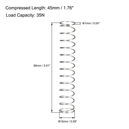 uxcell Compression Spring, 90mm, 304 Stainless Steel Coil Spring, 15mm Outer Diameter, 1mm Wire Diameter, 45mm Compression Length, 35N Load, Pack of 5