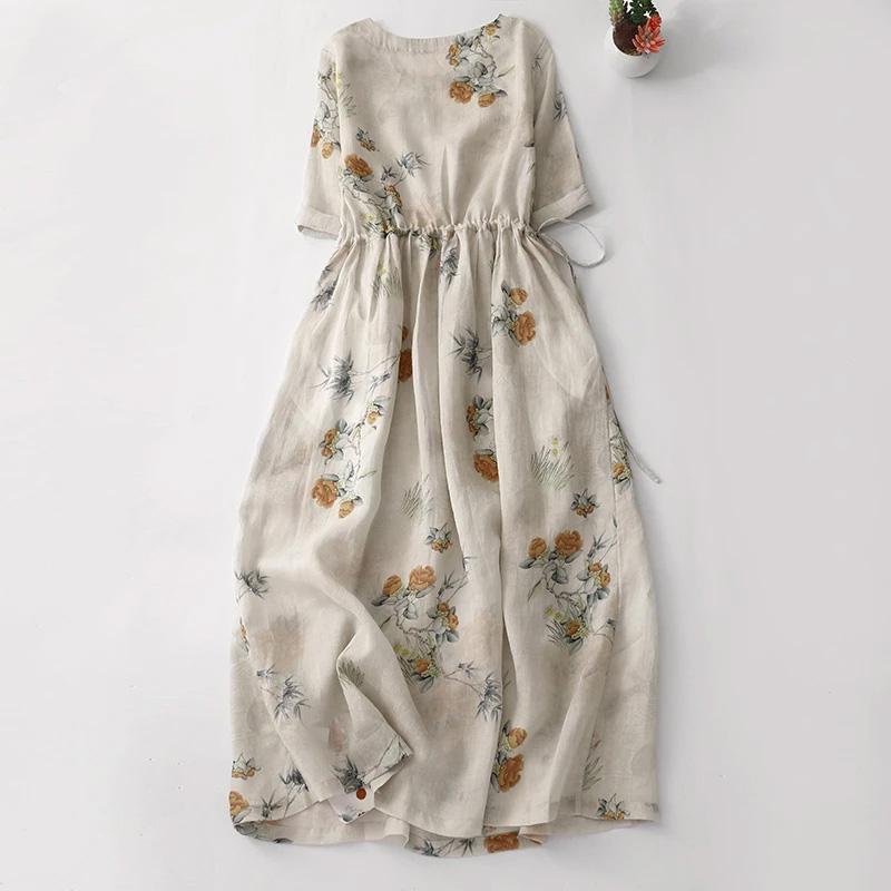 Dress Women Summer Floral Soft Casual Versatile Skirt Loose Skin-friendly Waisted Hemp Dresses