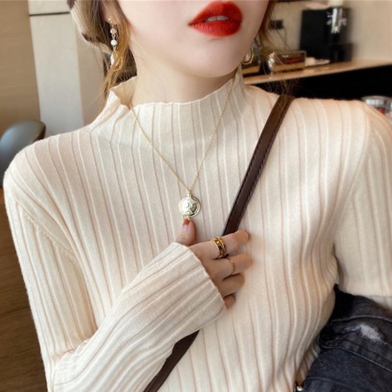 Autumn and Winter Semi-turtleneck Bottoming Sweater Women's Inner Pit Strip Pullover Shirt Solid Color Casual Tops Elegant Thin Simple Clothing