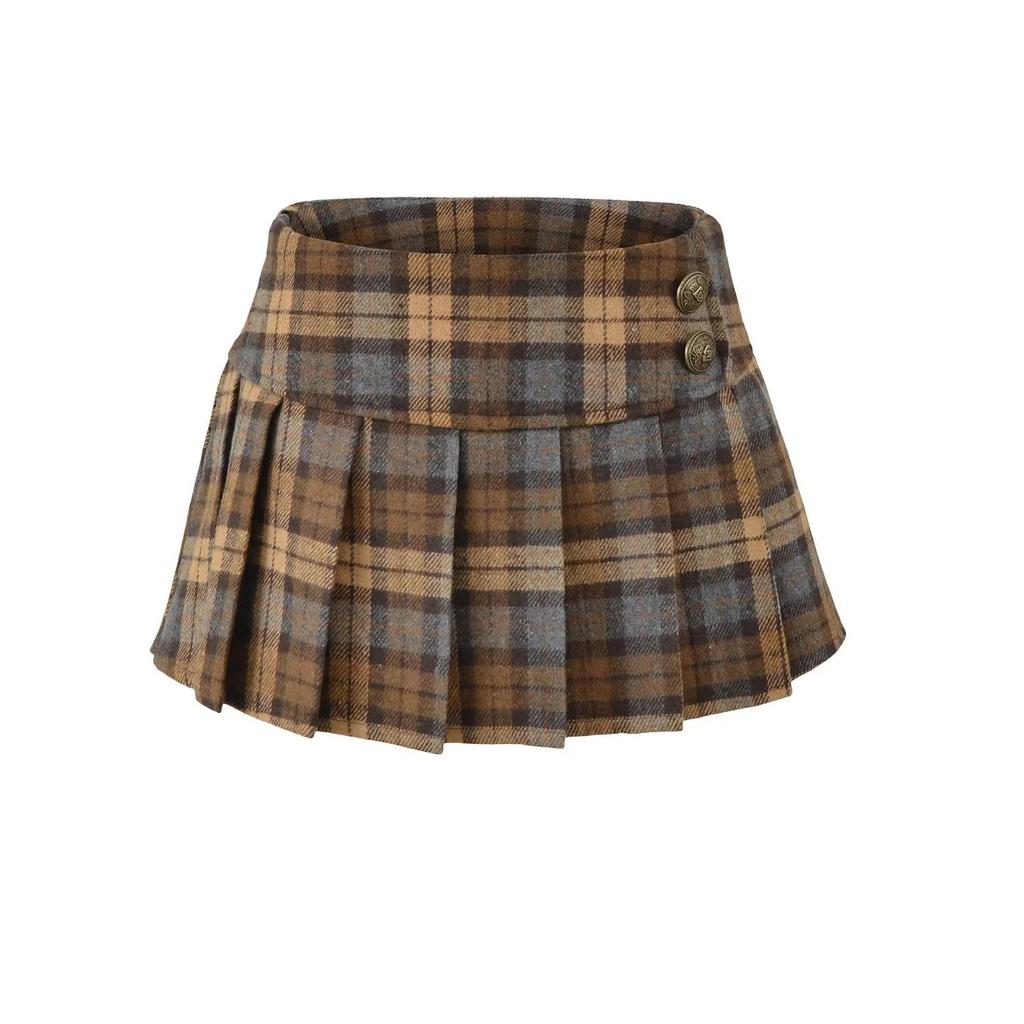 American Retro Low-Waist Plaid A-Line Mini Skirt - Women's College Style, Pleated, for Spring/Autumn