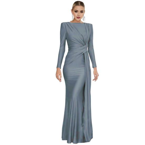 

Женское вечернее платье с плиссировкой и декором в виде узла, облегающее, с круглым вырезом и молнией сзади L серый