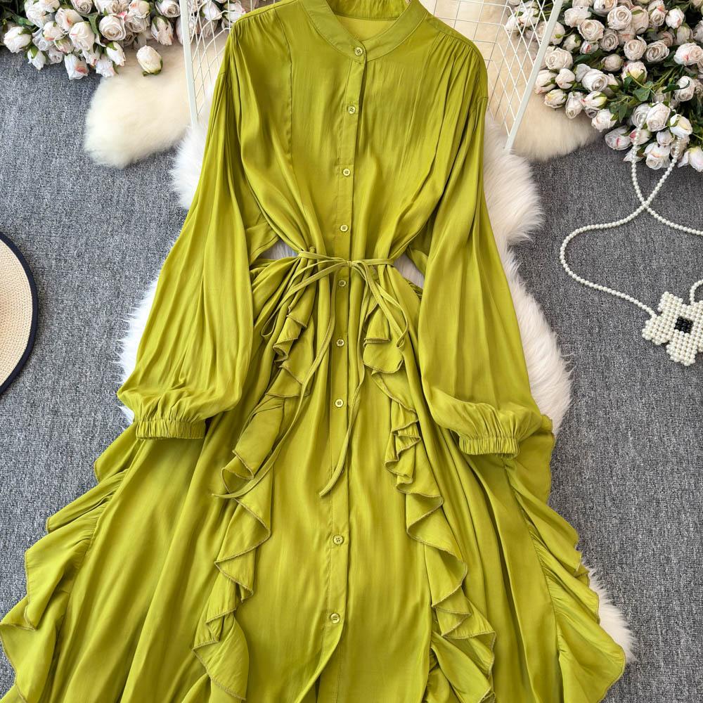 Jemný styl Temperament Bublinkové rukávy Stojáček Stahovaný pas Áčkový střih Volánový okraj Šifonové šaty Elegantní Velká kolová Dlouhé šaty