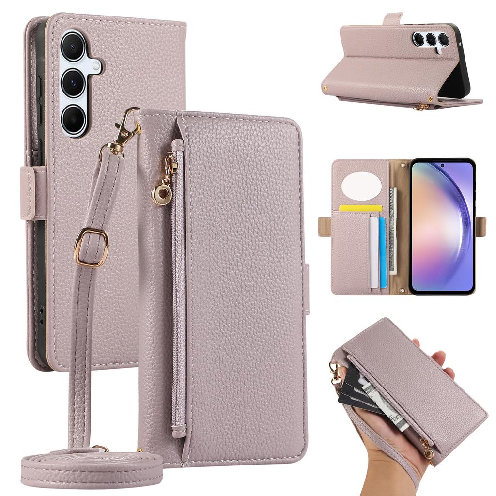 For Samsung Galaxy A35 5G Wallet Phone Case Shockproof TPU+PU Leather Flip Cover with Mirror,Strap