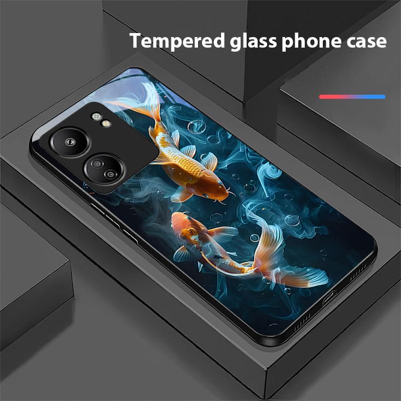 Chinesischer Windfisch Für Xiaomi Redmi 13C Note13 12 Pro Plus 5G Note 9 13T Pro POCO X6 F5 F6 Schwarze Handyhülle aus gehärtetem Glas