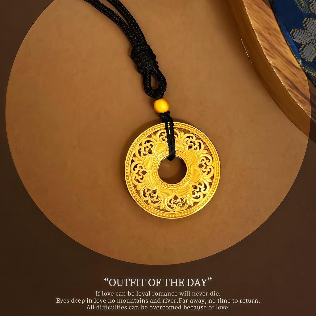 Chinese-Style Gold-Plated Peace Buckle Pendant Necklace with Rhinestones & Black Cord