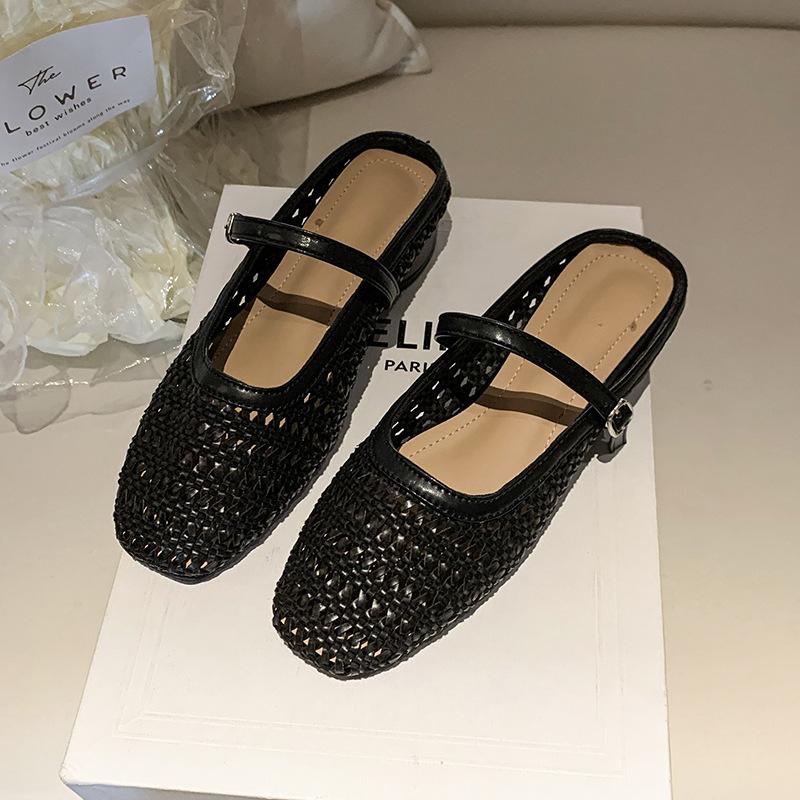 

Супер универсальные~ Ретро квадратная голова плетеная ажурная сумка голова полуподнос туфли для женщин носить одно слово с толстыми каблуками и крутые шлепанцы 35 чёрный