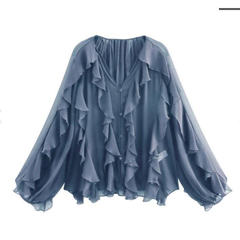 

Araltay New Western Style Women clothes Versitile Fashion Leisure V-neck Laminated Decoration Shirts 4786063321 Gray Blue XS