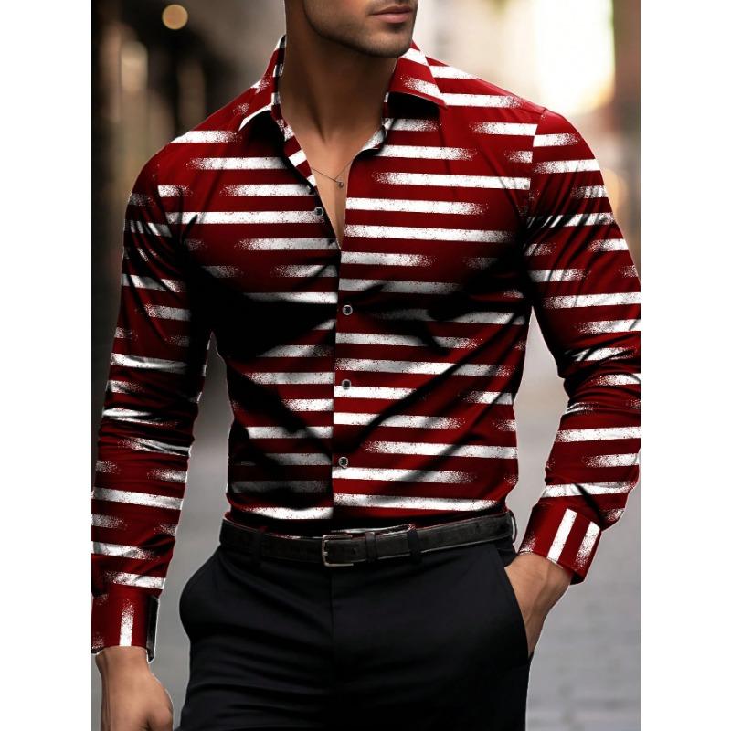 Holiday Men's Long-Sleeve Shirt with Irregular Geometric Stripe Print, Button-Down Opener, Party Wear, Casual Wear