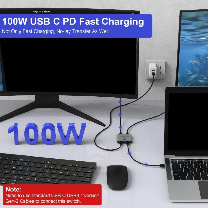 USB C Switcher for Double Computers with 8K Video Display PD100W Charging, Support Highly Speed 10Gbps Data Transfer