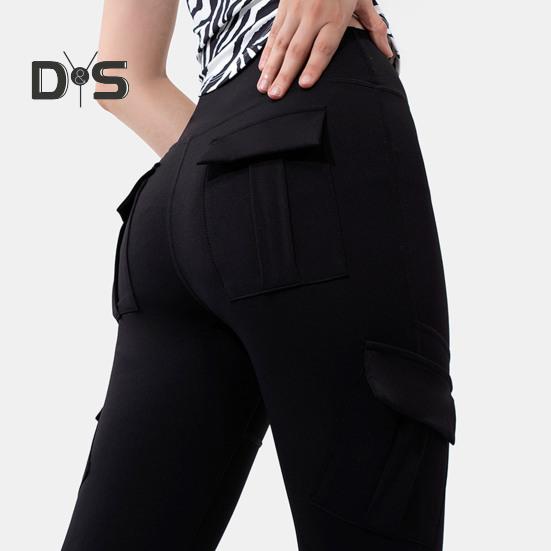 Women Flared Pants Elastic High Waist Wide Leg Casual Trousers with Flap Pockets Solid Color Cargo Pants Daily Wear