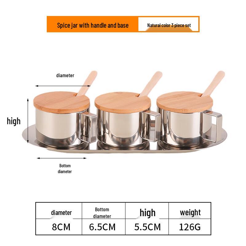 304 Stainless Steel Spice Jar Set with Wood Lids and Tray