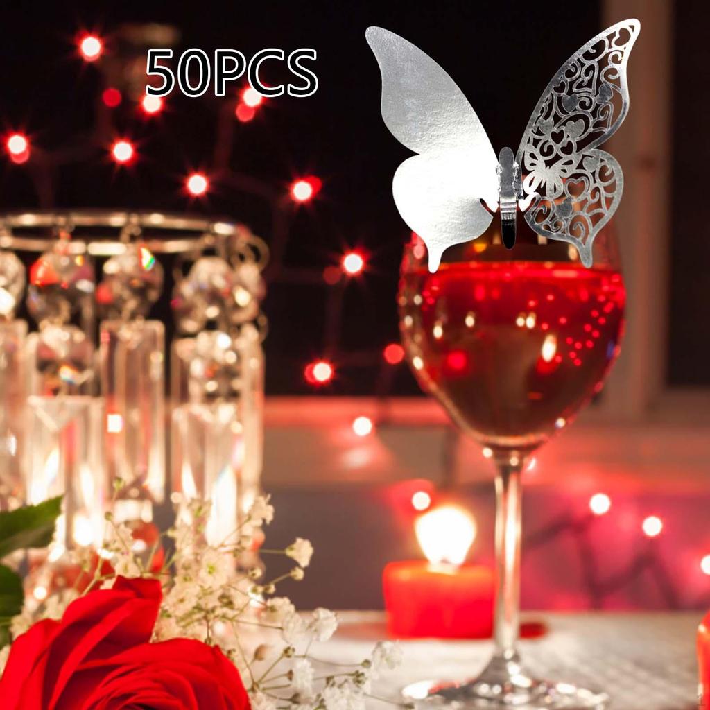 50 kusů Butterfly Glass Papír s názvem Kartičky na nápoje Nápojové značky Duté 10 cm x 7 cm pro akce