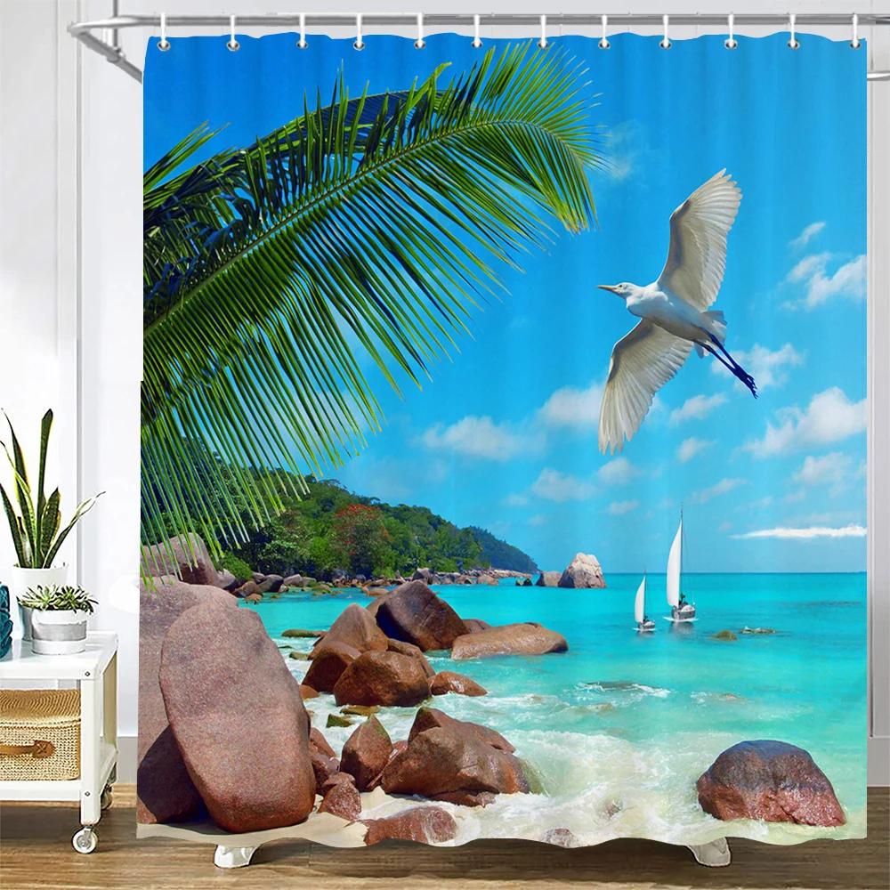 3D Seascape Beach Printed Fabric Shower Curtains Bathroom Curtain Bath Screen Waterproof Products Home Decor with Hooks