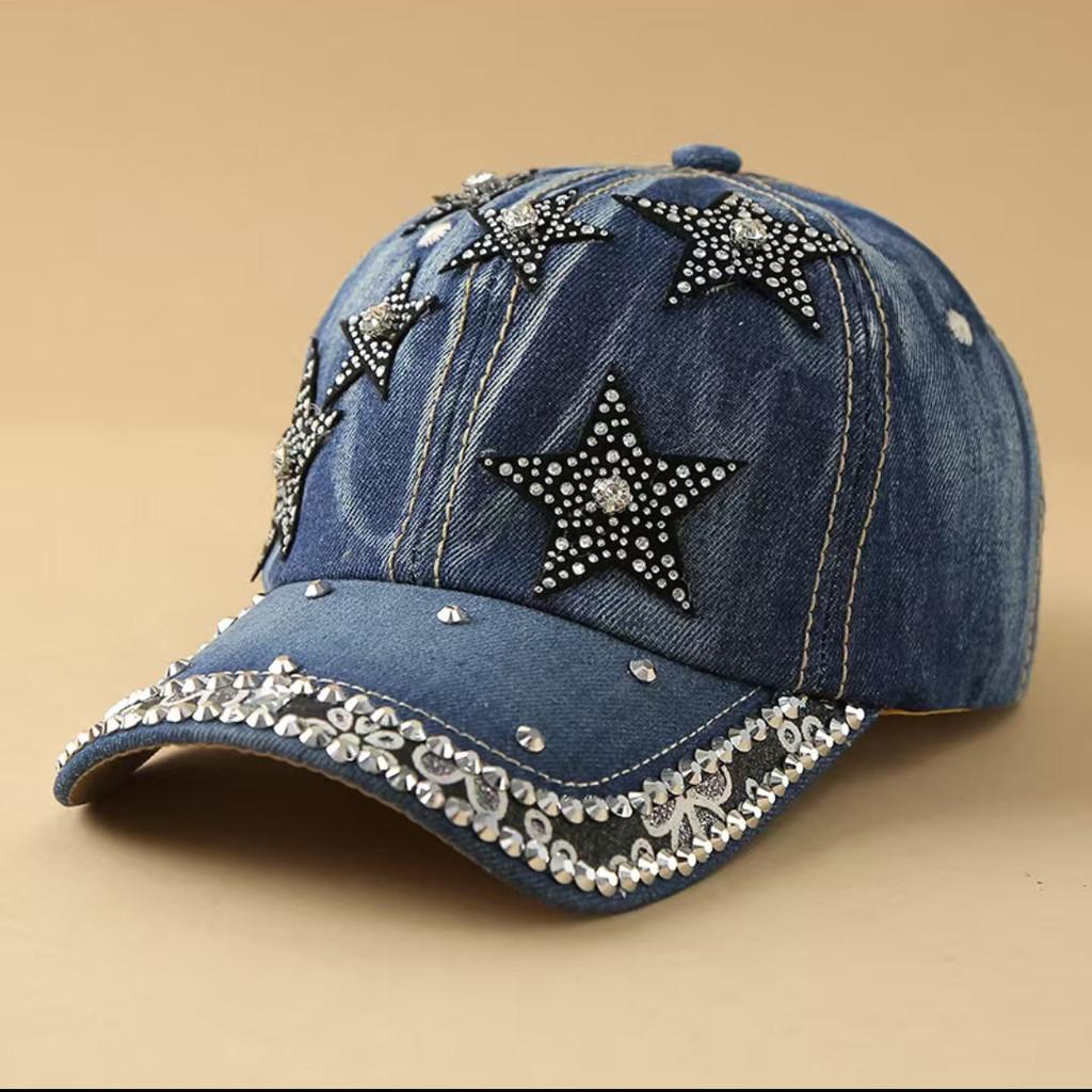 Artificial Pearls And Rhinestones Denim Cap With Sun Protection And Windproof Features For Women