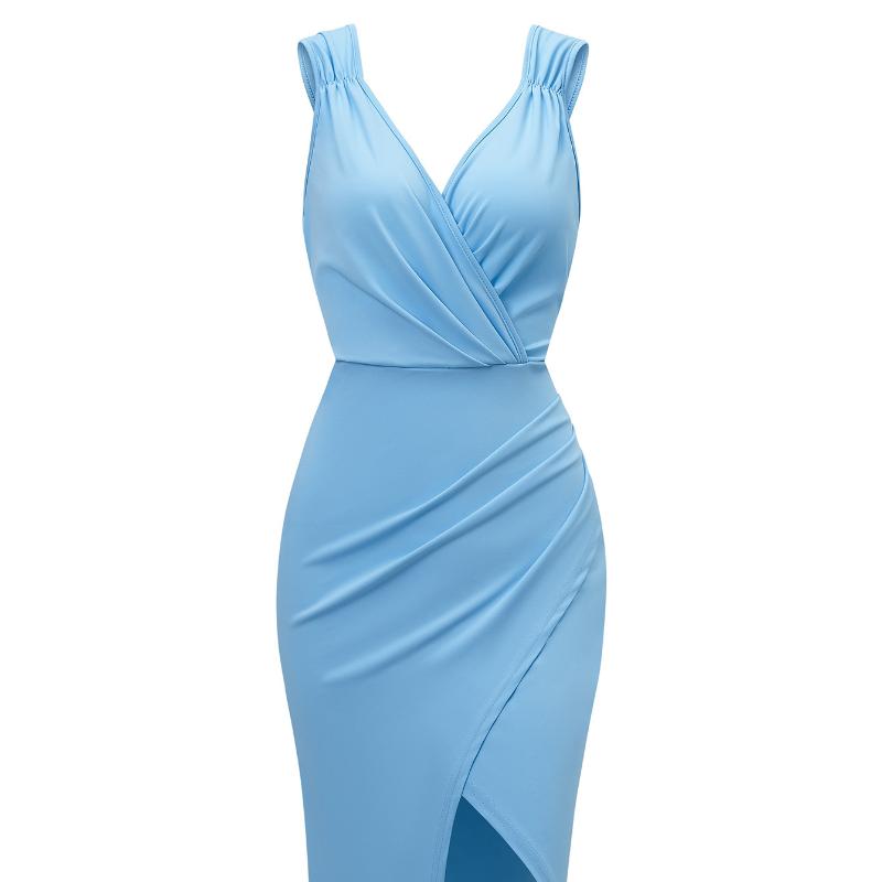 Summer European and American Casual Waist Cinched V-neck Fresh Style Sleeveless Dress for Women