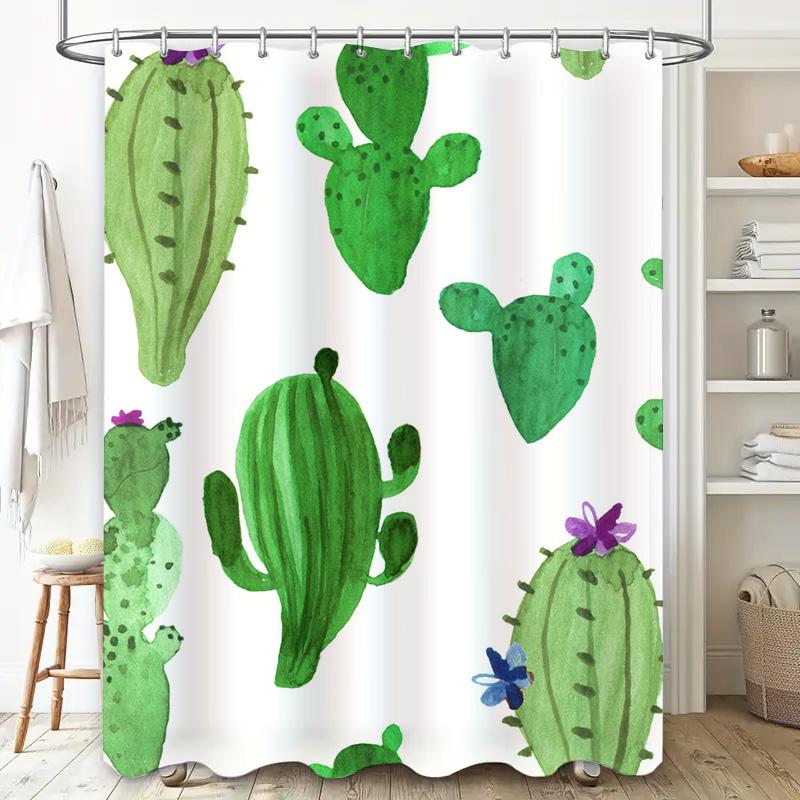 Colorful Cactus Shower Curtain Green Succulent Decor For Bathroom Watercolor Plant Design Polyester Fabric With Hooks Set Perfec