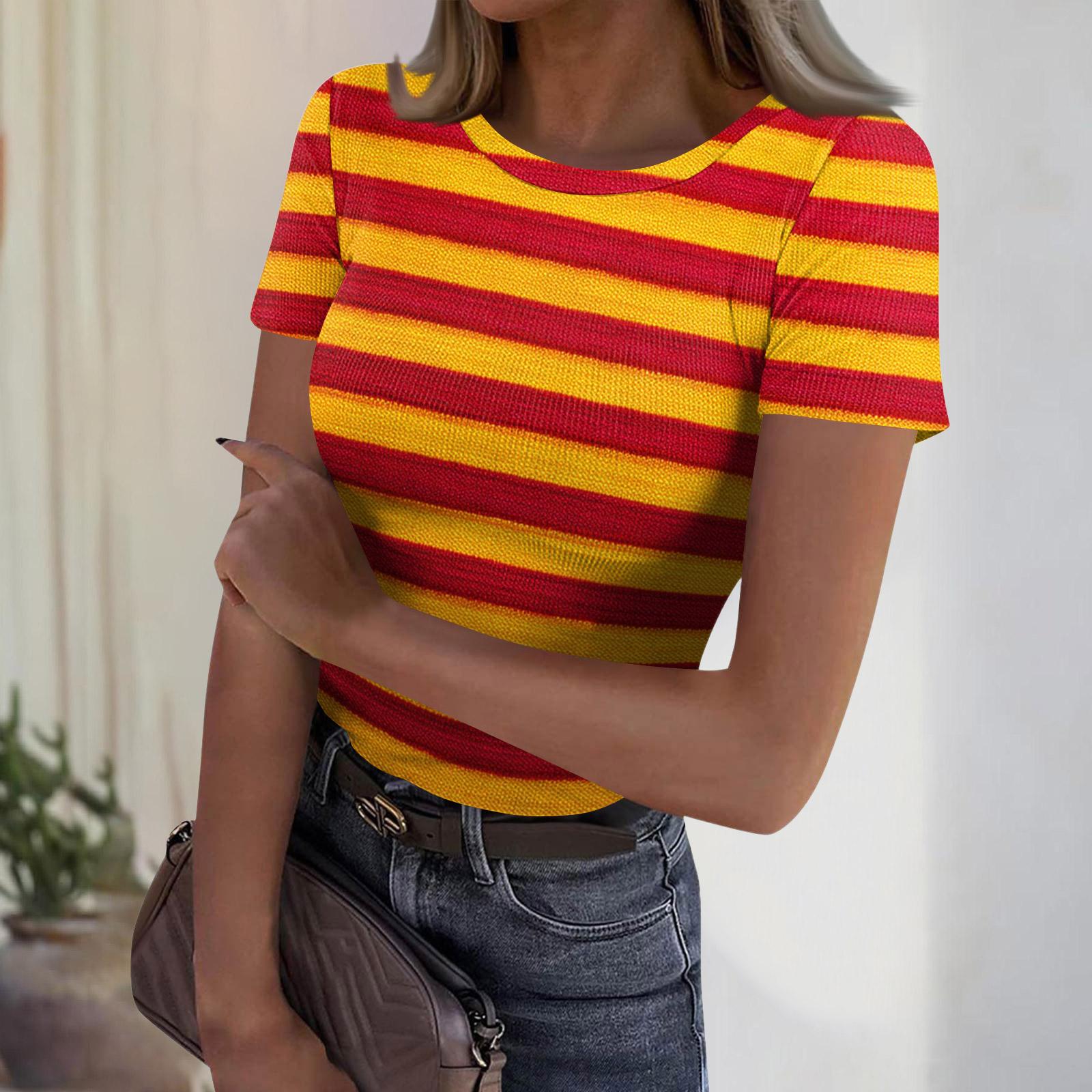 

Women s Casual Fashion Round Neck Striped Print Short Sleeve Ribbed Top M винний
