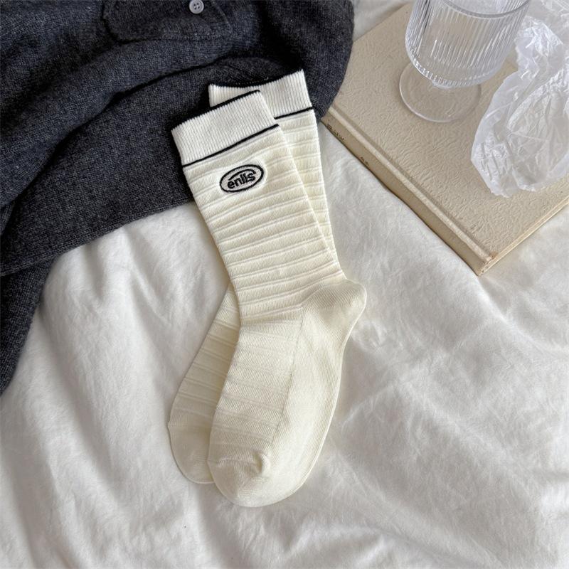 Striped Embroidered Letter Boneless Textured Cotton Mid-calf Socks for Casual Sports Women