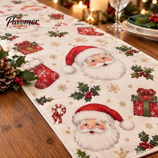 Holiday Table Linen Christmas Flower Runner, Holly Berries Dining Decor, Poinsettia Gingerbread Gift for Friends Man Festive Runner Party Decor Indoor