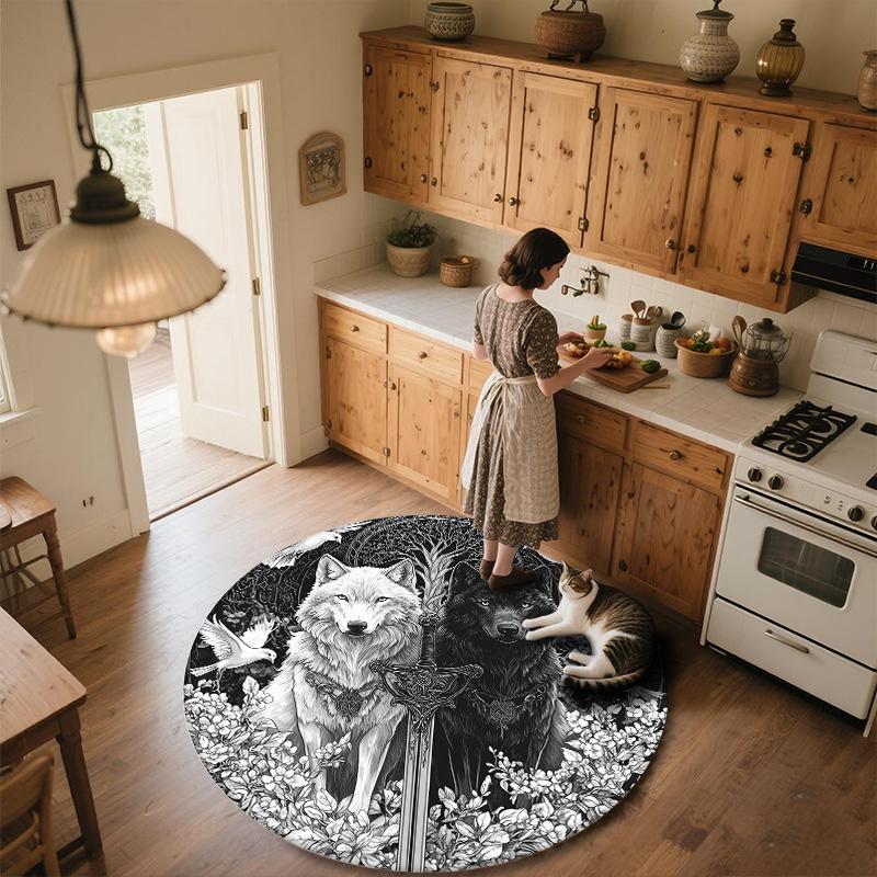 Black and White Wolf,Round Area Rug,Carpet Rug for Living Room Bedroom Sofa Playroom Decor,Non-slip Floor Mat