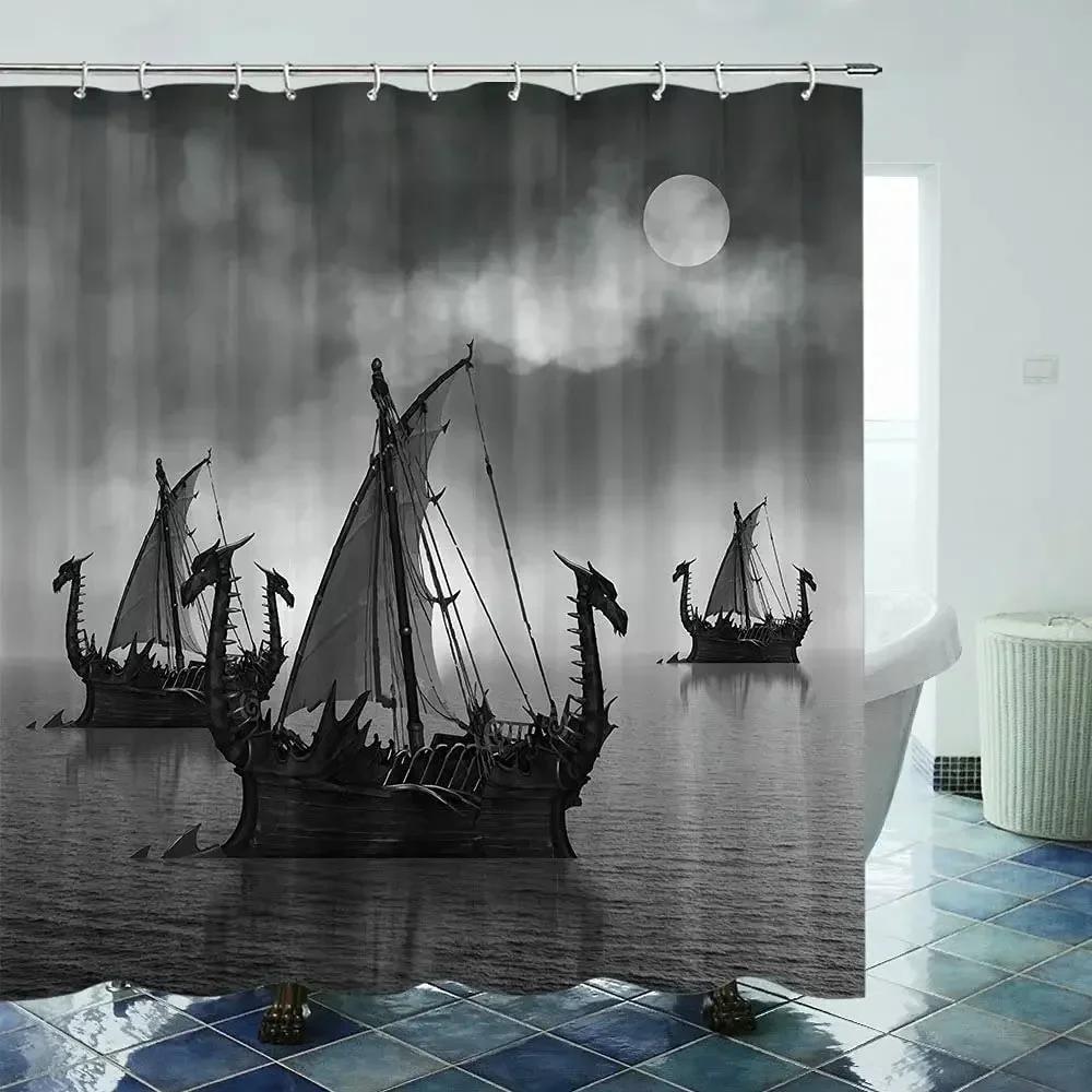 Norse Vikings Ship Shower Curtain Fantasy Boat Art Black and White Color Sailing Dragon Ship Curtain for Bathroom with Hooks