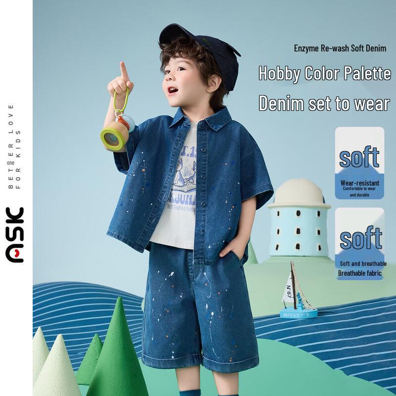 ASK JUNIOR Boys Summer Ink-Splash Denim Shirt & Shorts Set 100