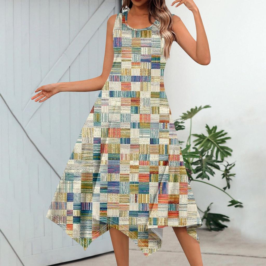 Damen Casual Fashion Rundhals ärmelloses Print unregelmäßigen Saum Midikleid
