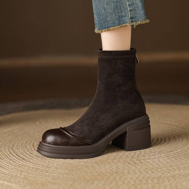 New Women's Elastic Suede Medium Boots Solid Color Thick-soled Large-size Women's Boots Rear Zipper Round Head Autumn and Winter Martin Boots