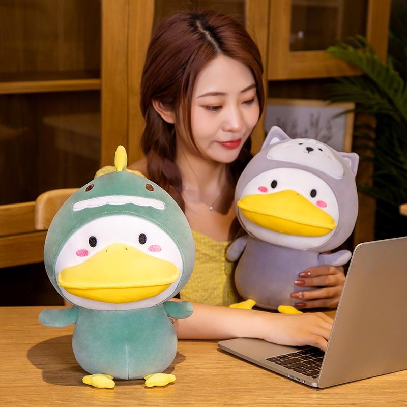 1pc 33cm Adorable Big Mouth Duck Plush Toys Kawaii Toy Turn To Dinosaur Husky Bear Frog Rabbit Dolls Stuffed Soft Pillow For Girls