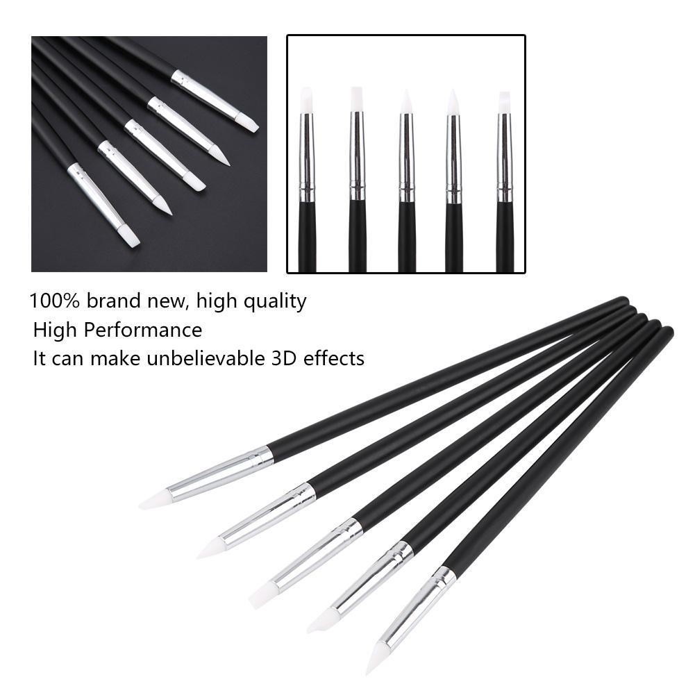 5 PCS Nail Art Sculpture Silicone Pen Kit, Wooden Painting 3D Effect Sculpture Cleaning Brush