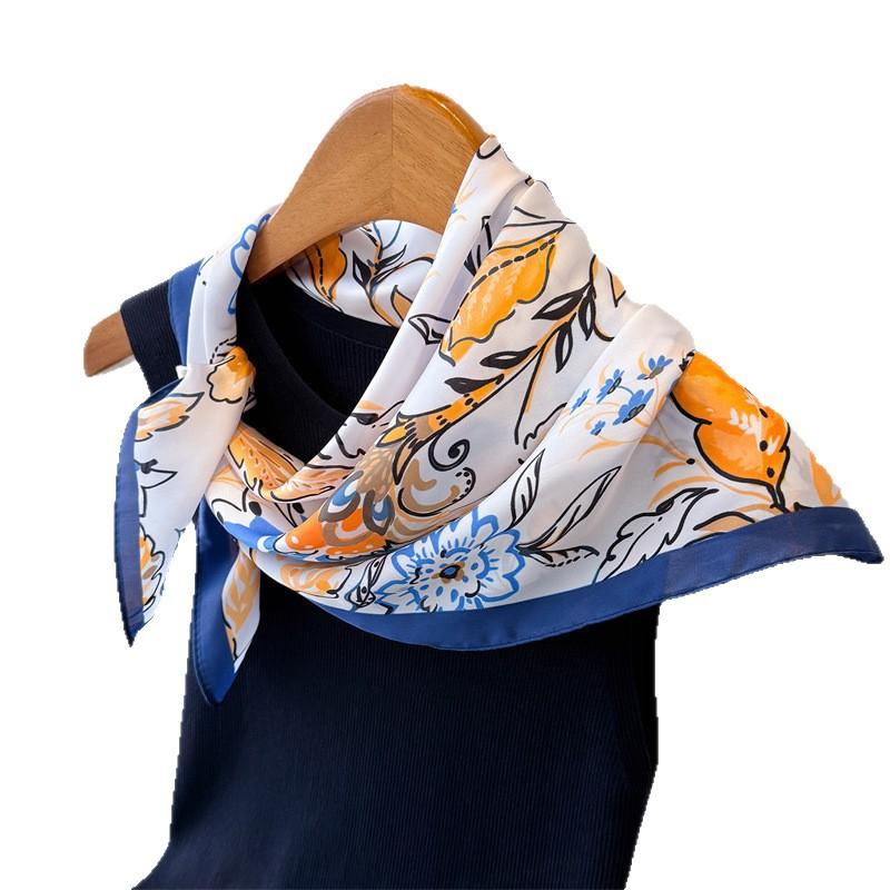 Vintage Rural High-end Printed Silk Scarf Imitation Square Versatile Shawl Neck Small Headscarf Women