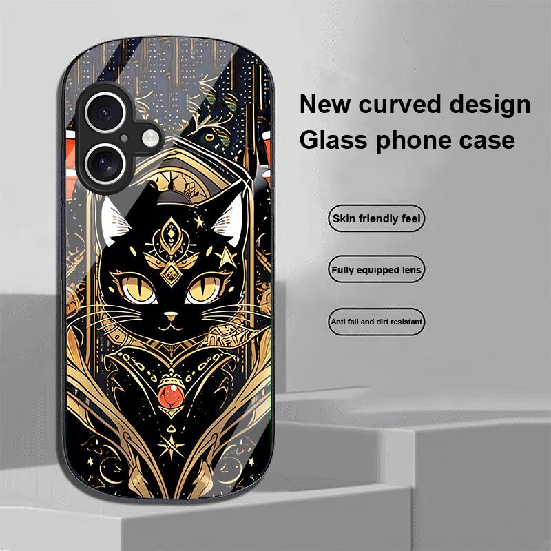 Black Gold Cat For Apple IPhone 16 11 13 15 14 Pro Max 12 Mini 7 8 Plus XR X XS Elliptical Shaped Tempered Glass Phone Case