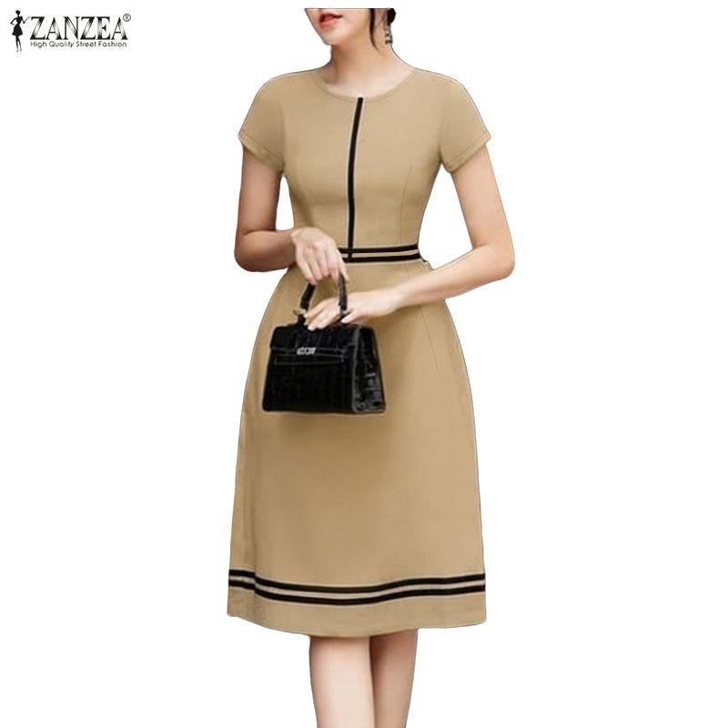 ZANZEA Women Casual Round Neck Short Sleeve Splice A-line Dress