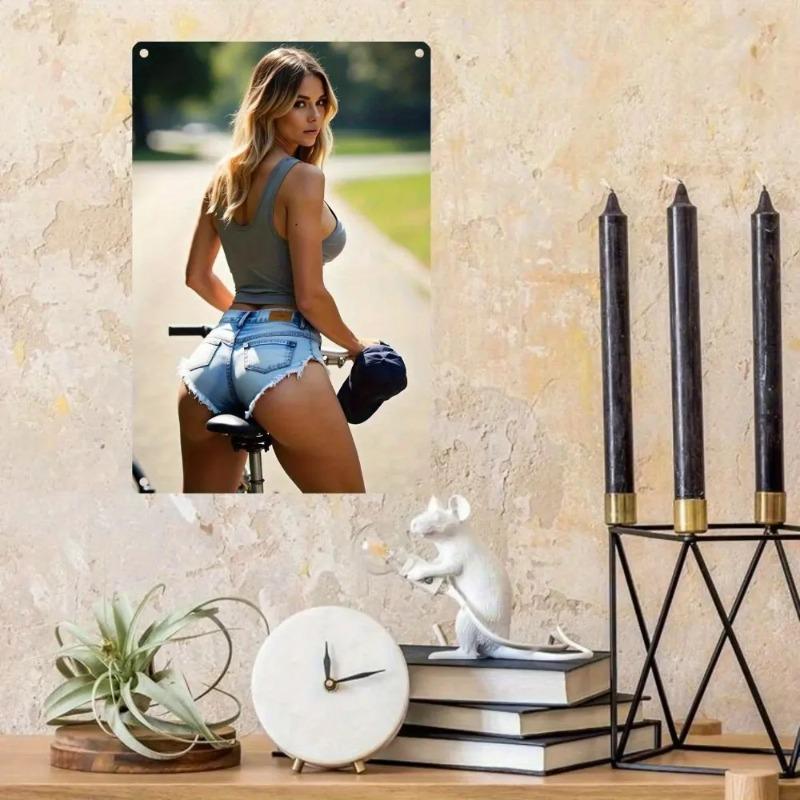 Tin Metal Wall Sign Retro Cycling Woman Poster Home Bar Decor