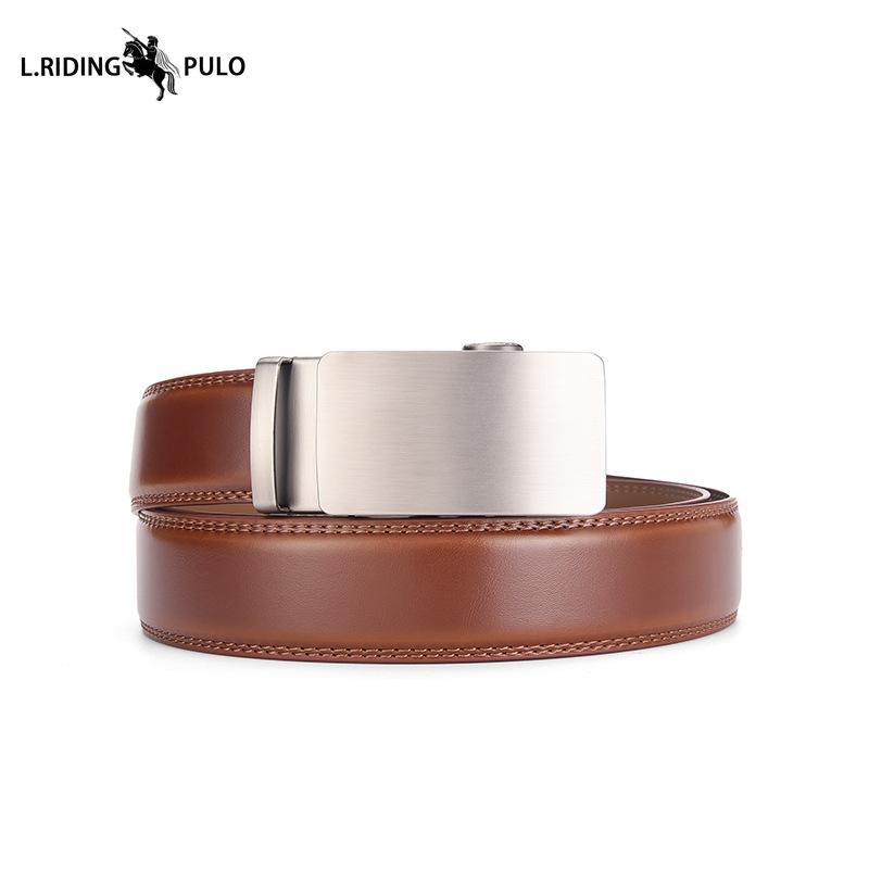 

Мужской кожаный ремень с автоматической пряжкой из коровьей кожи, простой универсальный деловой джинсовый ремень для повседневных брюк 130cm коричневый