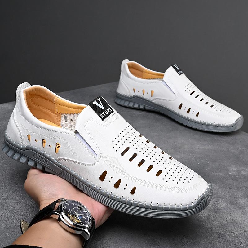 2025 summer men's foot casual men's shoes soft sole soft surface men's casual hollow hole shoes white shoes breathable