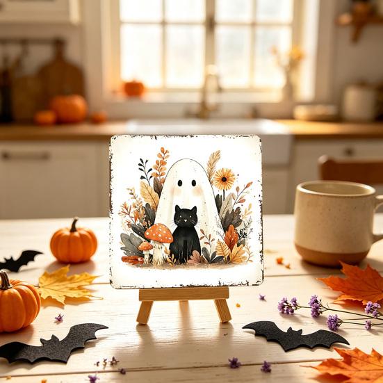 Holiday Gift for Autumn Lovers Halloween Wood Tabletop Sign with Mini Easel, Cute Pumpkin Ghost Decorative Plaques Cafe Plaque, Rustic Ornament