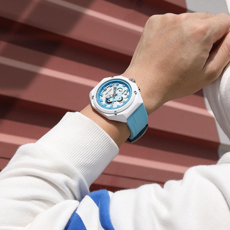Men's Chronograph Quartz Watch Octagonal Case Waffle Dial Date Display Waterproof Silicone Strap Sports Wristwatch