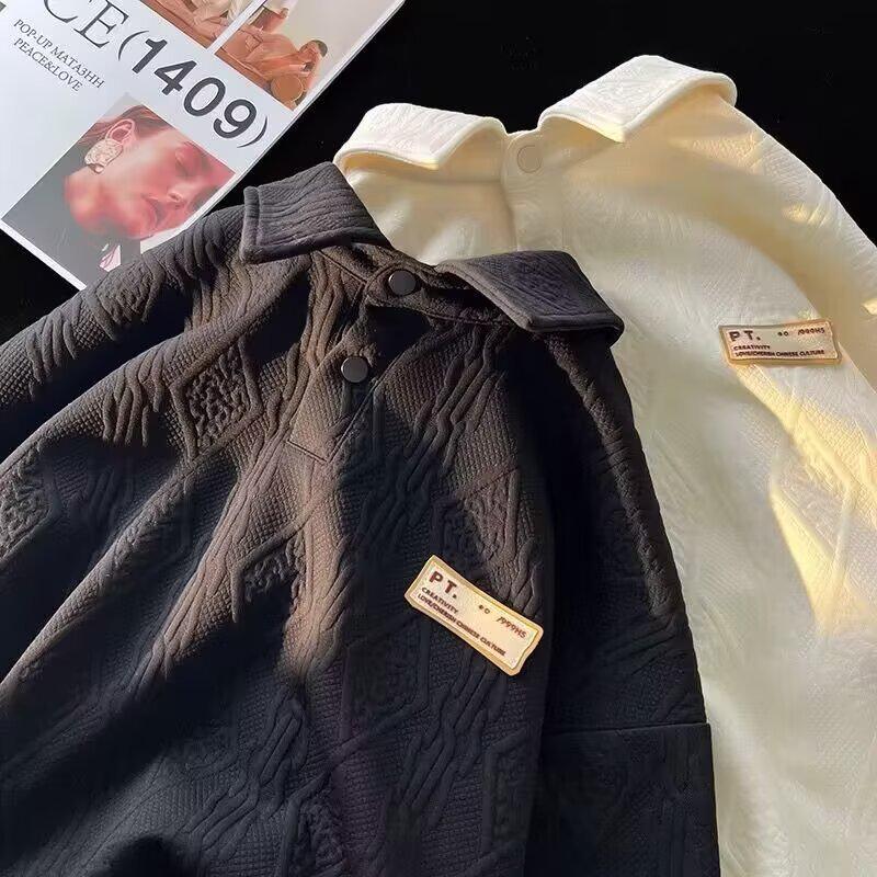 Men's Casual Loose Long Sleeve Polo Hoodie - Trendy Spring/Autumn Lapel Jacquard Top for Couples