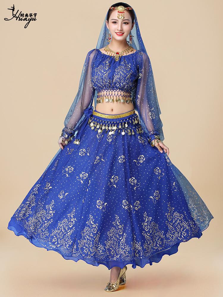 Fantasia de Apresentação de Dança do Ventre Indiana Huayu - Conjunto de Vestido de Manga Comprida de Chiffon para Mulheres