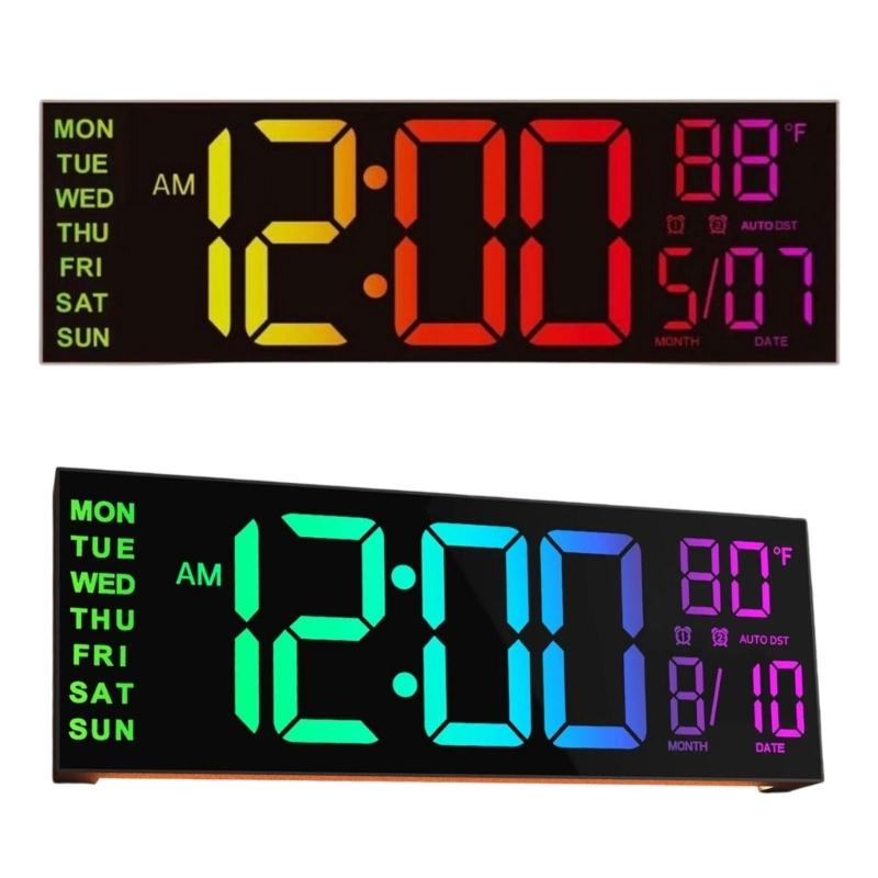 Wall Mounted Digital Clock with Large LED Numerals, Multi-Color Changing Display, Remote Control, Adjustable Brightness for Home Wall