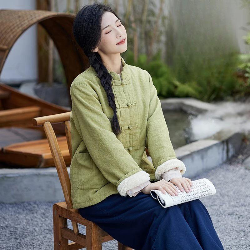 Autumn/Winter Women’s Chinese Style Stand Collar Frog Button Jacket, Plus Velvet, Thickened Cotton Coat L светло-зеленый