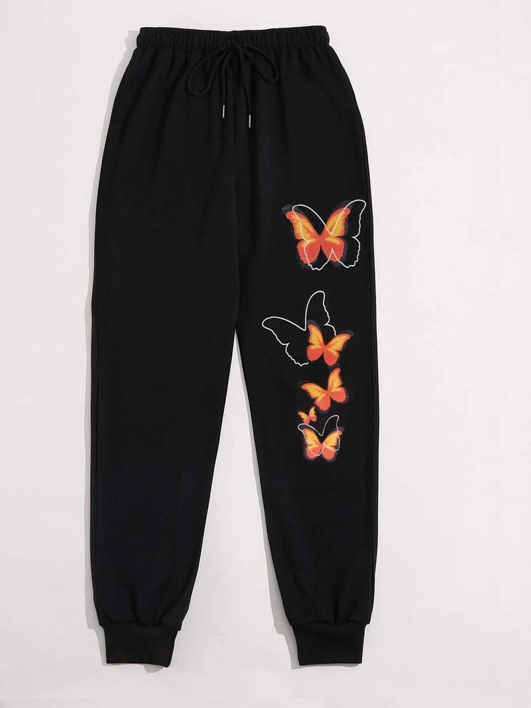 Withered Leaf Butterfly Printing Casual Versatile Women Pant Trendy Hip Hop Trousers With Drawstring Pockets Sweatpants Female