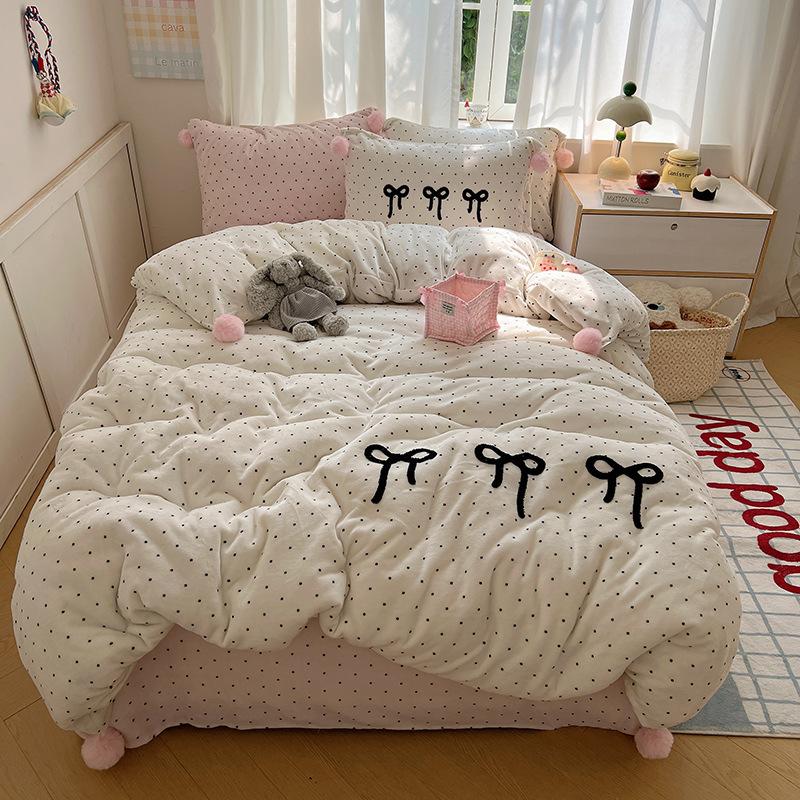 Girl Sweetheart Bow Embroidery Towel Embroidery Printing Thickened Milk Fleece Four-Piece Set