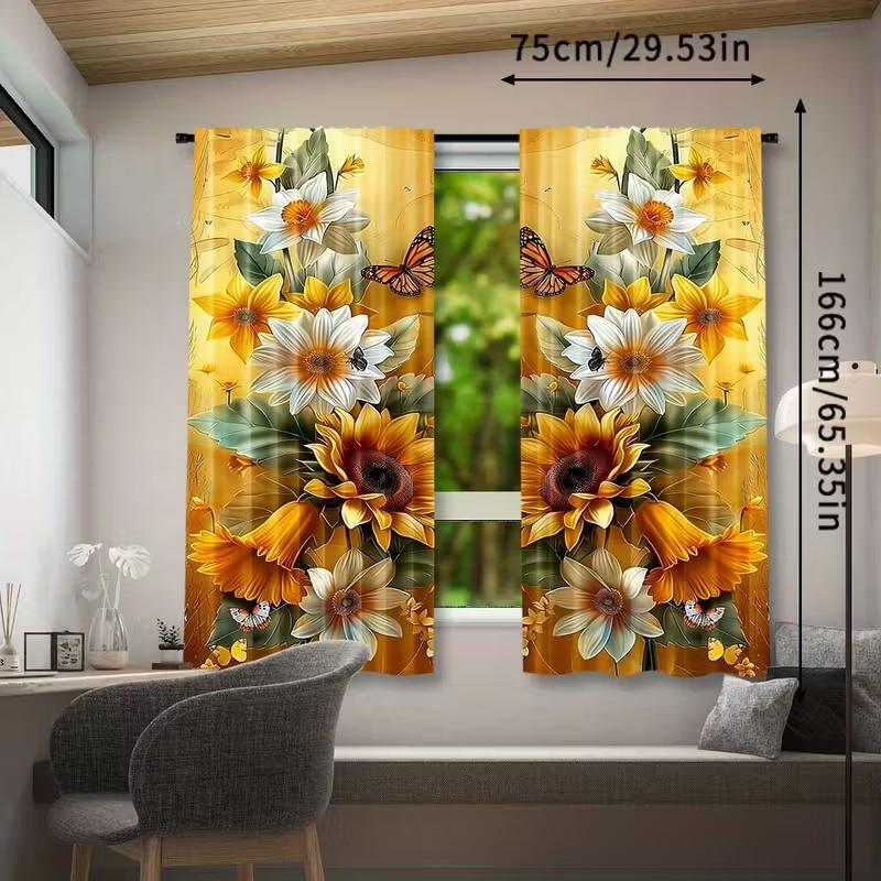 2 Pcs Sunflower butterfly print curtains  suitable for bedroom  living room kitchen decoration  home decoration  window decoration