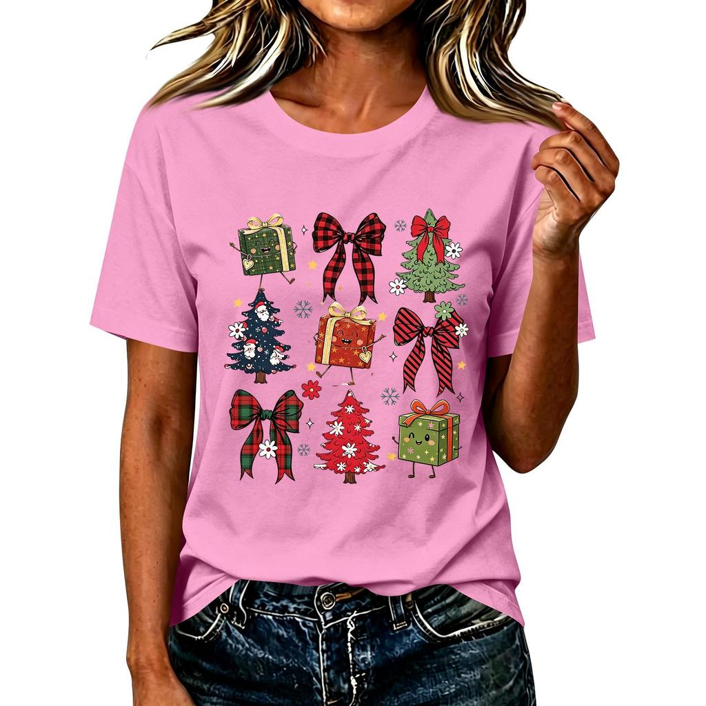 Damen Casual Weihnachten Bedrucktes Kurzarm-T-Shirt mit festlichem Feiertagsdesign