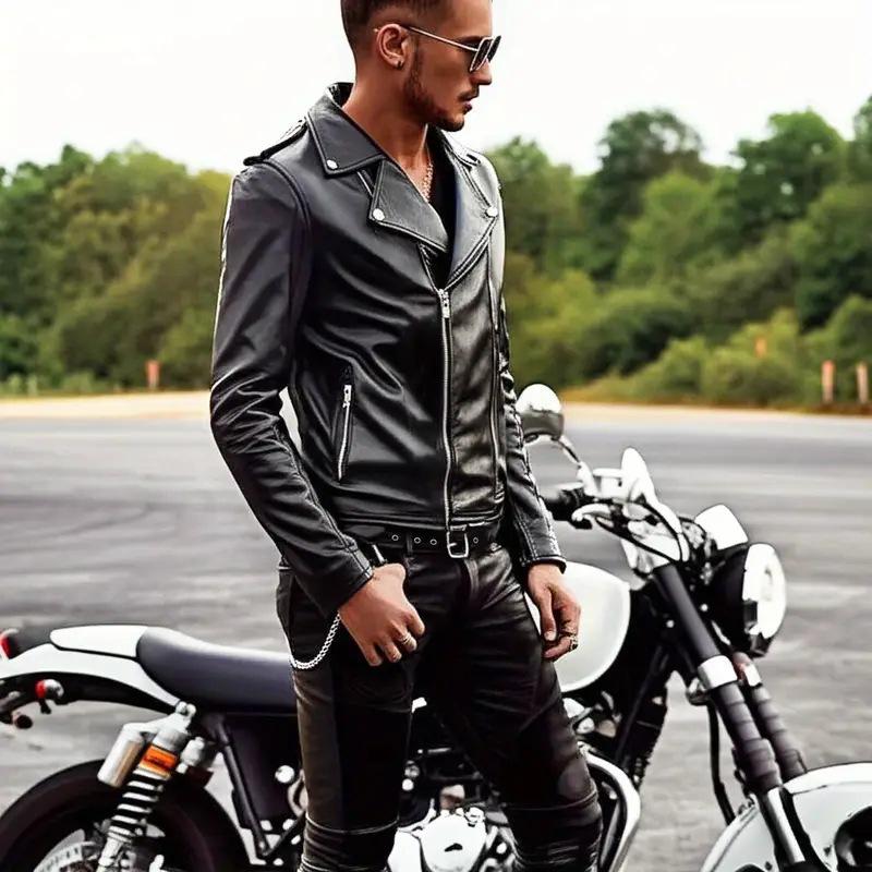 Men's PU Leather Motorcycle Jacket - Stylish European-American Streetwear with Functional Zipper.