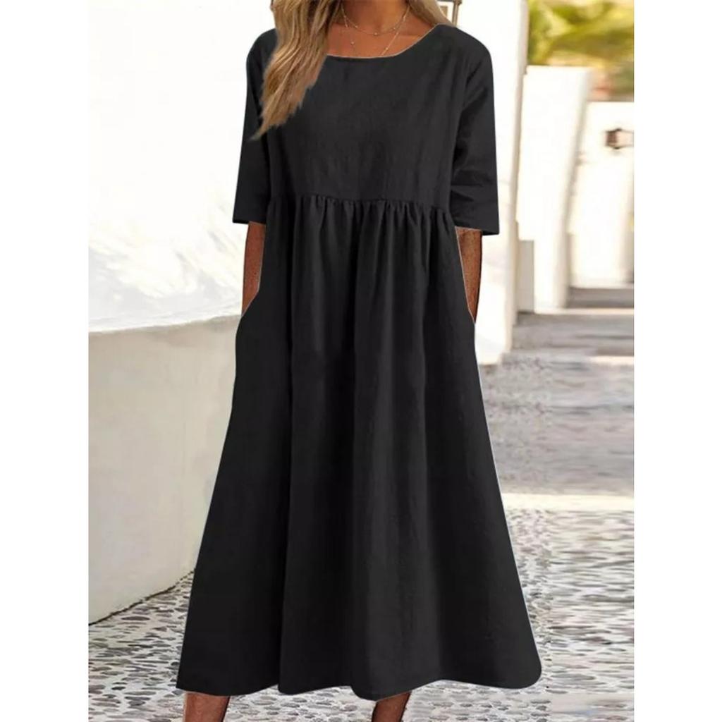 Women's Round Neck Half Sleeve Loose Casual Maxi Dress Solid Cotton Linen Long Dress