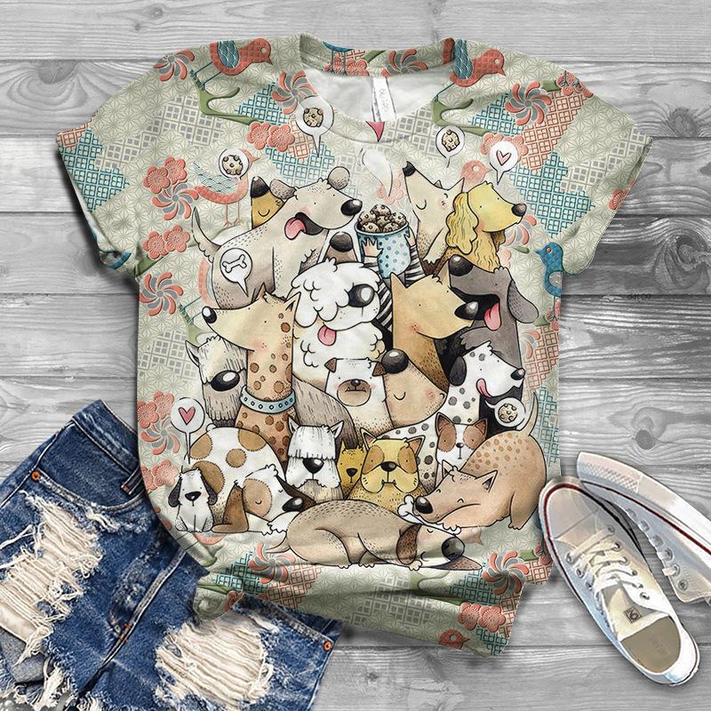 Summer New Animal Dog 3D Printed Loose White Top Women's T-shirt